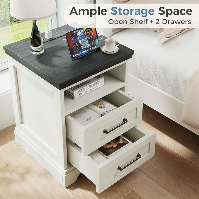 DUMOS Farmhouse Nightstand with Charging Station & USB Ports, Wood Bedside Table with 2 Spacious Storage Drawers and Open Shelf, Minimalist Modern End Table for Bedroom, White