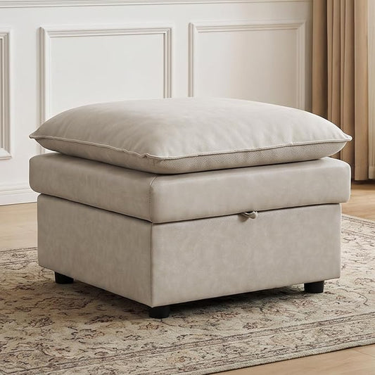 27" Beige Faux Leather Storage Ottoman, Large Square Footrest for Couch | Lift-top Storage Keeps Blankets and Clothes Organized, with Padded Upholstery and Anti-slip Legs for Bedroom, Living room.
