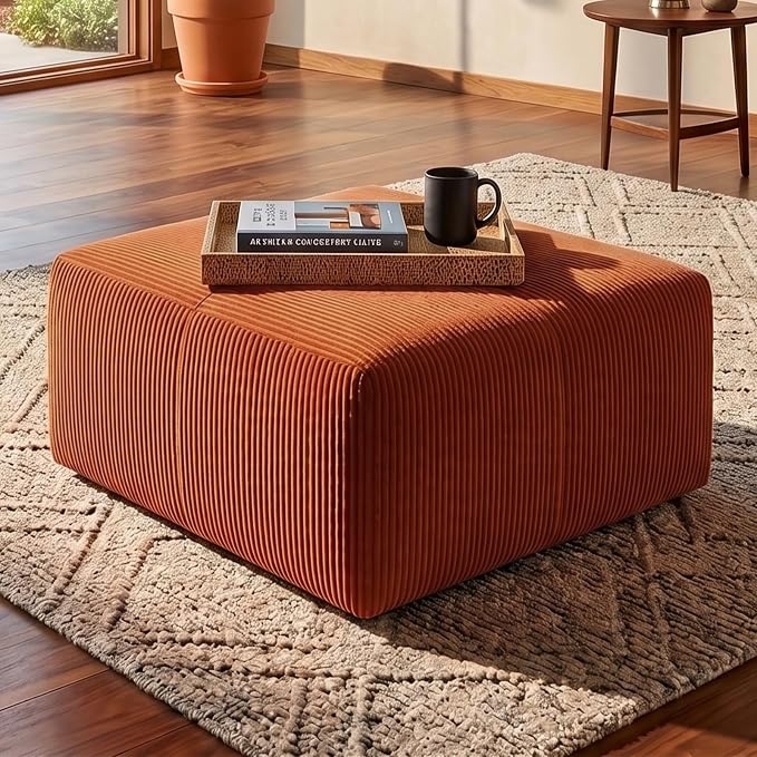 Boneless Modular Sofa Ottoman, Modern Footrest with Soft Padded Seat, Chenille Footstool Boneless for Living Room, Terracotta Orange
