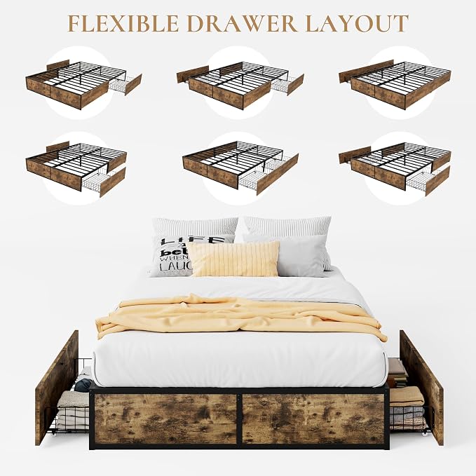 SHA CERLIN Full Platform Bed Frame with 2 Large Storage Drawers, Rustic Wood and Metal, Noise-Free, Easy Assembly, No Box Spring Needed, Brown