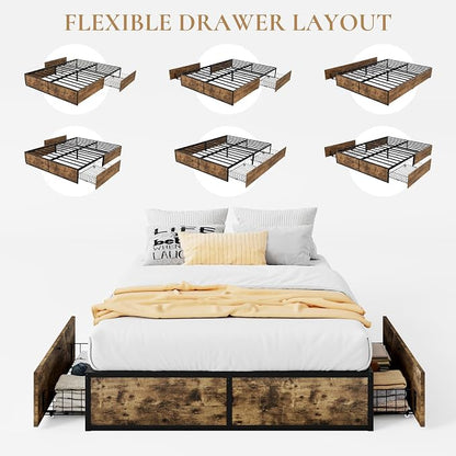SHA CERLIN Full Platform Bed Frame with 2 Large Storage Drawers, Rustic Wood and Metal, Noise-Free, Easy Assembly, No Box Spring Needed, Brown
