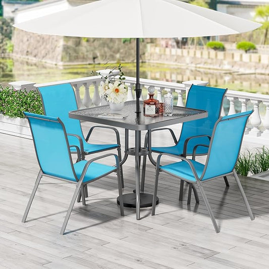 TLSUNNY Patio Dining Set 5 Pieces, All Weather Outdoor Furniture W/30"X 30" Table and 4 Stackable Textilene Chairs, Metal Table and Chairs for Lawn, Garden, Poolside, Backyard (Umbrella not Included)