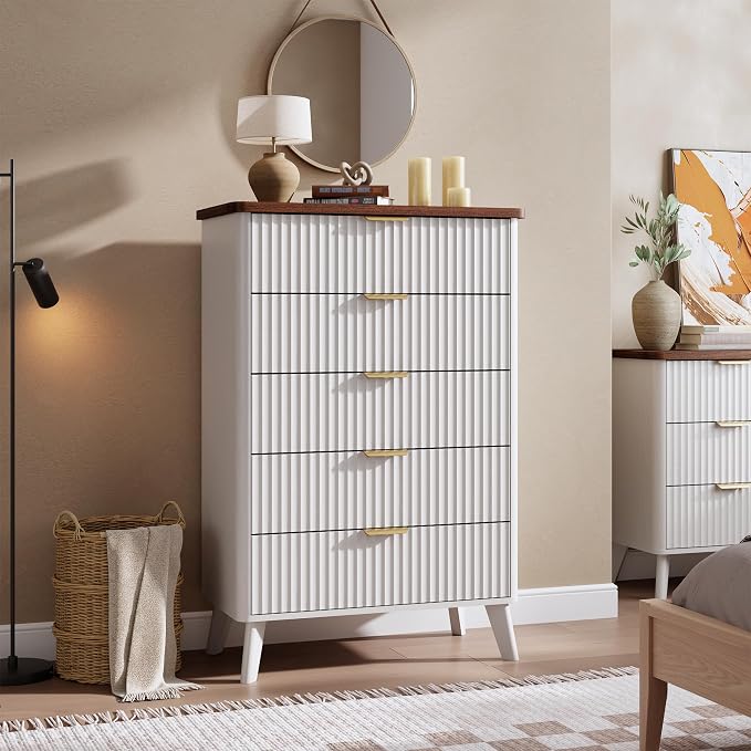 GarveeHome Fluted Dresser for Bedroom with 5 Deep Drawers, 47.2" Tall Chest of Drawers, Curved Profile Design, Modern Wooden Dresser, for Living Room, Kids Room, Hallway, White