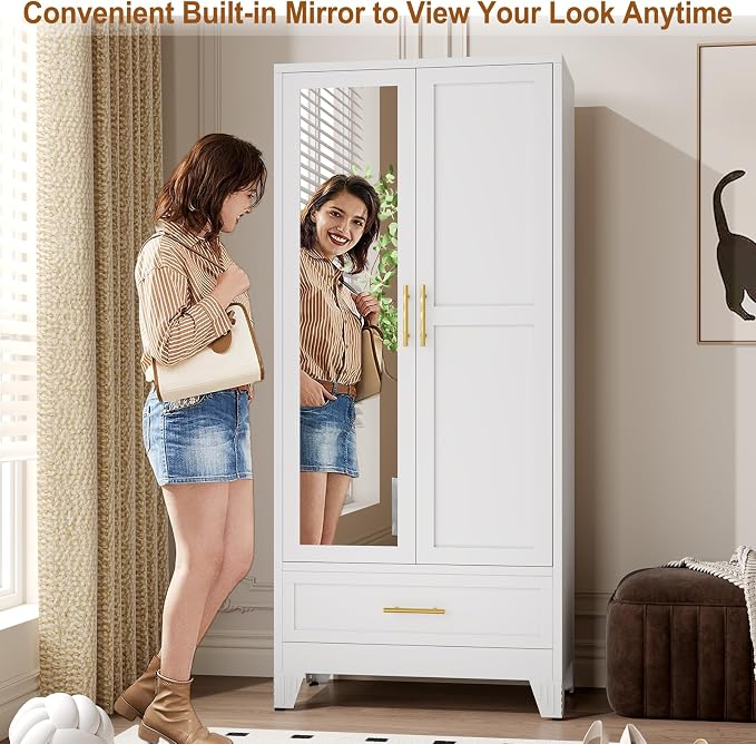 Metal Armoire Wardrobe Closet Storage Cabinet with Mirror White, 71'' Wardrobe Cabinet with Hanging Rod Metal Closet with Adjustable Shelf and Drawer for Bedroom, Laundry Room, Cloak Room