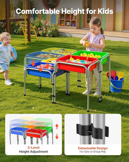 VEVOR Sensory Table for Toddlers, Kids 4-Station Sand and Water Adjustable Play Table with Detachable Storage Bins and Non-Slip Feet, Carbon Steel Frame, Rounded Corners, for Boys and Girls Exploring
