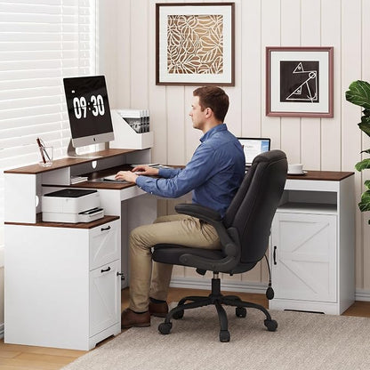MALOL 63" Farmhouse L Shaped Executive Desk, Corner Computer Desk with Drawers & Storage Shelf, Home Office Desk with Power Outlet, Monitor Stand, Wood Grain Desktop, White & Rustic Brown