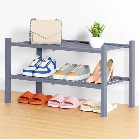 Smiry Bamboo Shoe Rack, 2 Tier Free Standing Wooden Shoe Organizer, Stackable Wood Shoe Storage Shelf for Closet, Entryway, 14 Vertical Slats, One-piece Heavy-Duty Legs, 26.8"x11"x13", Grey
