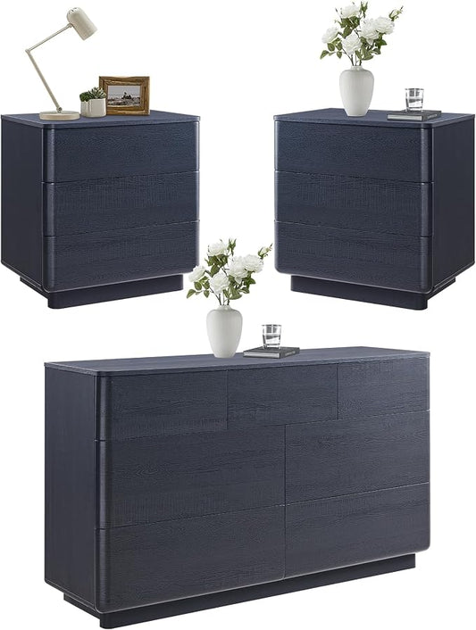 ACCOHOHO 3 Piece Bedroom Furniture Set, 7 Drawer Dresser (52" W) & Two 22" Nightstands, Modern Push-to-Open Drawers, Curved Profile, Dresser and Nightstand Sets for Bedroom, Black