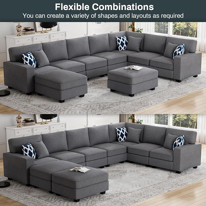 Legend Vansen Oversized Modular Sectional Sofa,U/L‑Shaped Reversible Couch with Ottoman,Deep Seat Plush Polyester Sofa for Living Room,9‑Seater,Dark Grey