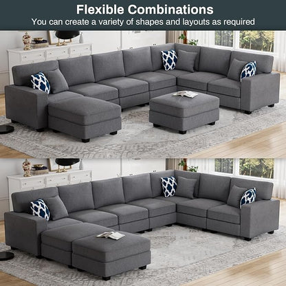 Legend Vansen Oversized Modular Sectional Sofa,U/L‑Shaped Reversible Couch with Ottoman,Deep Seat Plush Polyester Sofa for Living Room,9‑Seater,Dark Grey