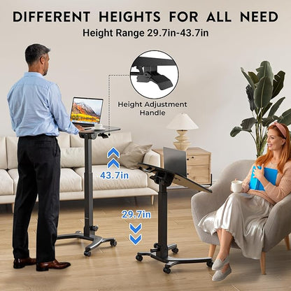BONTEC Mobile Foldable Standing Desk, Portable Adjustable Height Desk with Gas Spring, Small Rolling Laptop Desk with Wheels for Home, Office, Bedroom, and Medical Use, 25.6" x 19.7" Desktop, Black