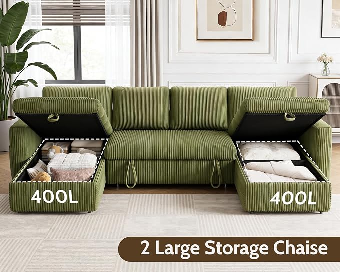 WEUP 106" U Shaped Sectional Sleeper Sofa Bed with Pull Out Bed, Sectional Sleeper Couch Pull Out Couch with Reclining Backrest/Reversible Storage Chaise/USB Ports/Tool-Free Assembly, Corduroy Green