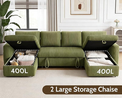 WEUP 106" U Shaped Sectional Sleeper Sofa Bed with Pull Out Bed, Sectional Sleeper Couch Pull Out Couch with Reclining Backrest/Reversible Storage Chaise/USB Ports/Tool-Free Assembly, Corduroy Green