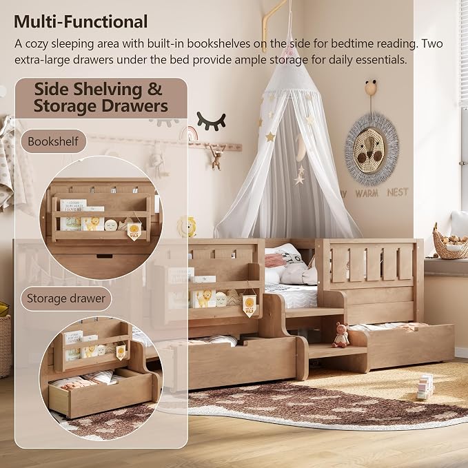 Bellemave Twin Montessori Bed with Stairs, Rails and Slats, Twin Size Montessori Floor Bed with Bookshelf and 2 Storage Drawers, Easy Assemble Beds Frame for Girls, Boys, Natural