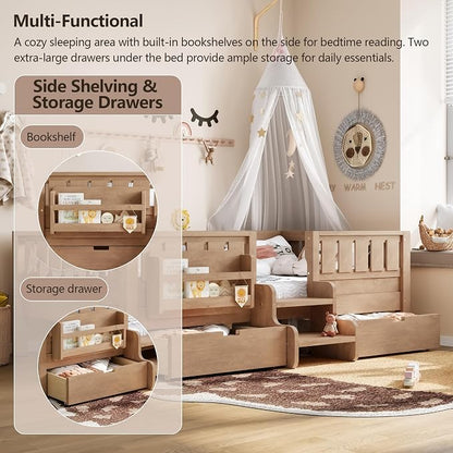 Bellemave Twin Montessori Bed with Stairs, Rails and Slats, Twin Size Montessori Floor Bed with Bookshelf and 2 Storage Drawers, Easy Assemble Beds Frame for Girls, Boys, Natural