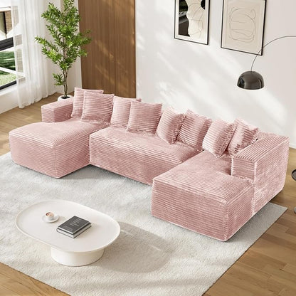 131" Oversized U Shaped Cloud Sectional Couches for Living Room, Comfy Fluffy Corduroy Pink Boneless Sectionals Couch, Plush Memory Foam Modular Sectional Sofa with Chaise- 19" Seat Height