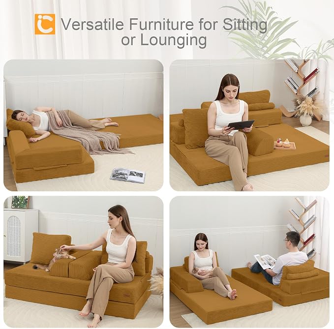 COMAX Futon Sofa Bed, Convertible Sofa Bed, Folding Boneless Couches | Boneless Couch for living room, 4‑in‑1 Fold Out Small Foldable Loveseat Floor Sleeper Mattress Lounge Space‑Saving