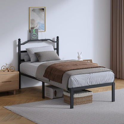 SHOANED Metal Bed Frame with Headboard - 14 Inch Twin XL Size Heavy Duty Bedframe with Charging Station Black Basic Steel Slats Platform No Box Spring Needed/Noise Free