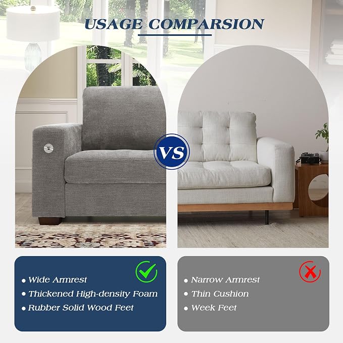 WorthFurni Sofas for Living Room, Chenille Loveseat Couch Set, Small Sofa, 3 Seater Sofa, USB Charging, Removable Sofa Cover,Solid Wood Frame, Easy to Install(89inch,Grey)