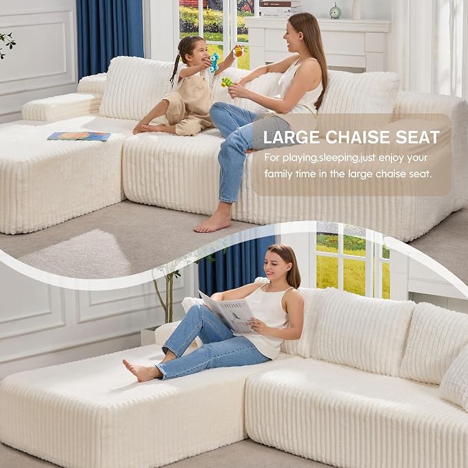 Hobestluk Boneless Couch Modular Sectional Sofa L-Shape Oversized Chaise | 108" Left Facing Chaise White,Memory Foam,Removable Cover,Non-slip Bottom,No Assemble Required,Living Room Furniture