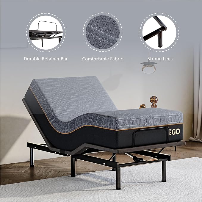 Dyonery Twin XL Adjustable Bed Base Frame with Wireless Remote + 12 Inch Twin XL Gel Memory Foam Mattress Bed in a Box, Head and Foot Incline, Zero Gravity, Fiberglass Free,80" × 38"