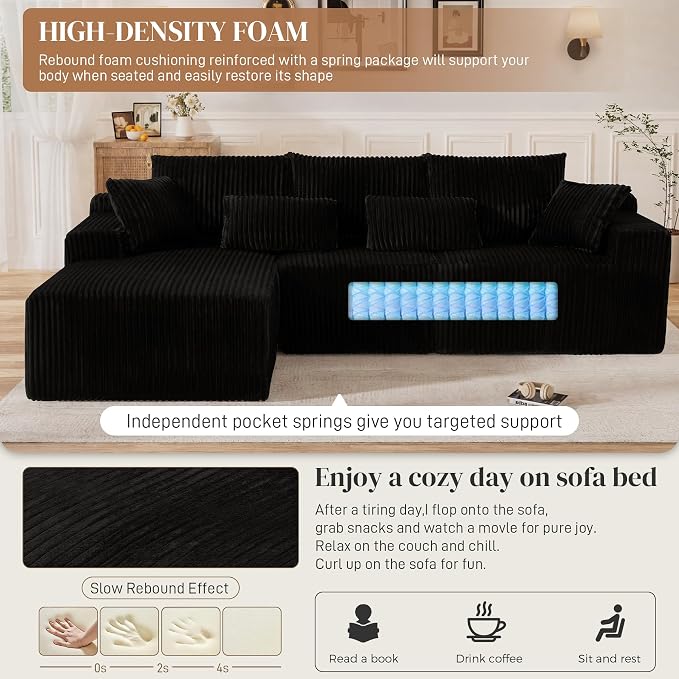110" L Shaped Cloud Boneless Sectional Couches for Living Room, Modern Comfy Modular Deep Seat Memory Foam Compressed Corduroy Sofa Oversized Left Facing Chaise, No Assembly Required, Balck