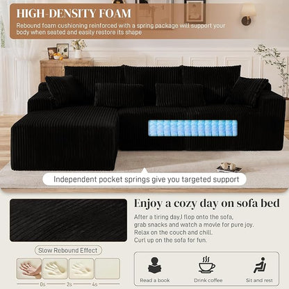 110" L Shaped Cloud Boneless Sectional Couches for Living Room, Modern Comfy Modular Deep Seat Memory Foam Compressed Corduroy Sofa Oversized Left Facing Chaise, No Assembly Required, Balck