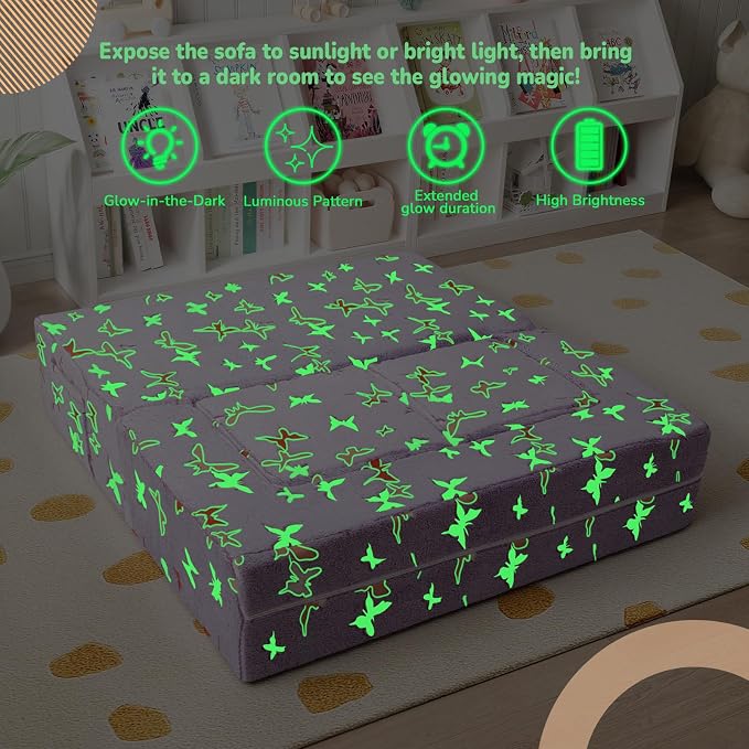 MeMoreCool Kids Modular Couch – Glow-in-the-Dark Butterfly Foam Sofa Bed, Lavender Convertible Toddler/Youth Playroom Sofa-to-Bed