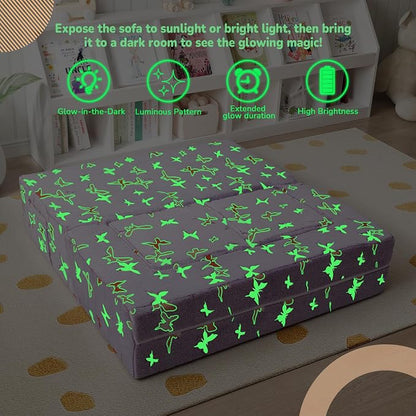 MeMoreCool Kids Modular Couch – Glow-in-the-Dark Butterfly Foam Sofa Bed, Lavender Convertible Toddler/Youth Playroom Sofa-to-Bed