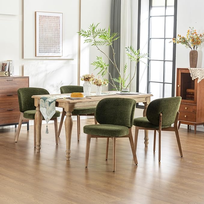 YOUNIKE Dining Chairs Set of 2 Modern Kitchen Dining Room Chairs Green | Chenille Fabric Upholstered Armless Side Accent Chair with Back Wide Padded Seat Wooden Leg for Kitchen Dining Living Room