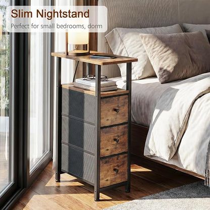 LOAKEKEL Narrow End Tables Living Room Set of 2 with Charging Station, Skinny Side Table with Fabric Drawers, Slim Nightstand for Bedroom, Small Spaces, Couch, Brown, HETNDP03BR