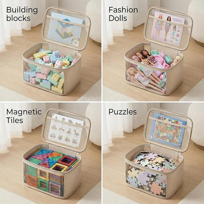 holay 4 Pack Clear Toy Storage Bags with Zipper & Handle, Board Game Bins | Reinforced base stands upright; clear PVC front; holds toys, board games & busy bags; foldable for playroom & travel