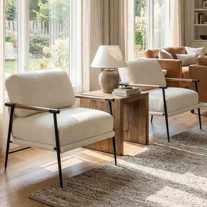 DUOMAY Mid-Century Modern Accent Chair Set of 2, Comfy Sherpa Sofa Lounge Chair Reading Corner Chair for Living Room Bedroom Office, Mid-Back Arm Chair with Black Metal Leg, White