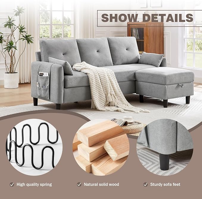 Convertible Sectional Sofa, 77" Small L Shaped 3 Seat Couch with Reversible Storage Chaise, Modern Polyester Fabric Sofa Couches for Living Room, Apartment and Small Space