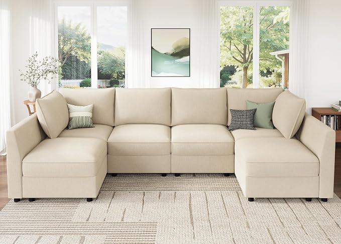 HONBAY Modular Sectional Sofa Couch with Storage, Modern U Shaped Sectional Sofa, Convertible Sectional Couch for Living Room - Beige