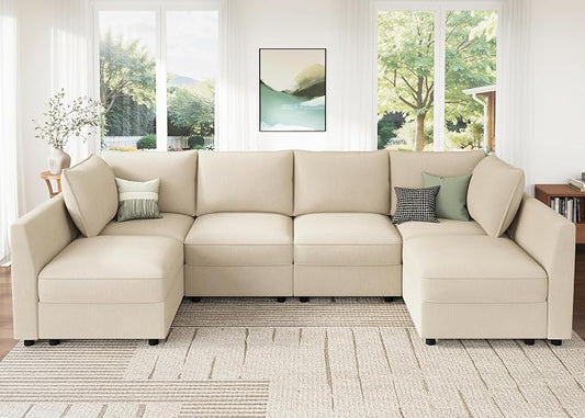 HONBAY Modular Sectional Sofa Couch with Storage, Modern U Shaped Sectional Sofa, Convertible Sectional Couch for Living Room - Beige