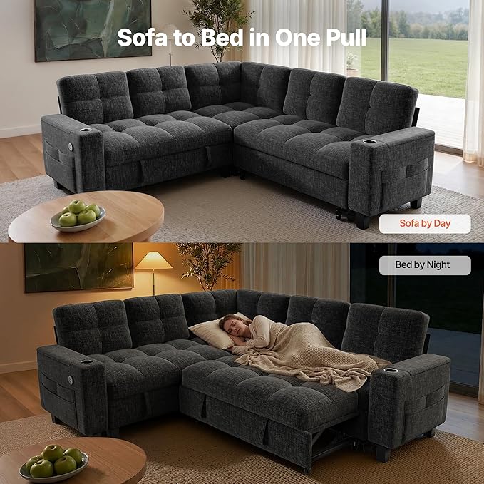 AMADA HOMEFURNISHING 85″ Modular Sectional Sleeper Sofa with Pull Out Couch, U Shaped 5 Seat Sectional Sofa with Storage, USB Ports & Cup Holders, Chenille Cloud Couches for Living Room, Dark Grey
