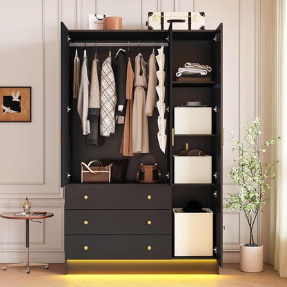 3 Doors Mirrored Wardrobe Armoire Closet with Drawers, LED Armoire Storage Cabinet with Adjustable Shelves & Hanging Rod, 74.8" H Freestanding Clothing Storage Cabinet for Bedroom, Black