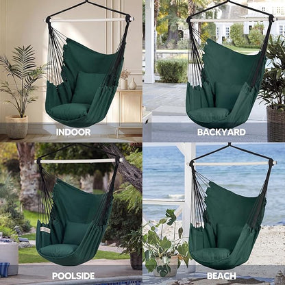 SUNCREAT Hammock Chair Hanging Rope Swing Seat-Max 450lbs Capacity, Extra Large Hanging Swing with Metal Support Bar, Side Pocket, Green