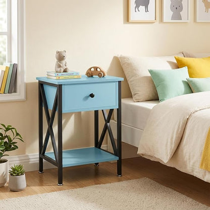 VECELO Nightstands Set of 2, Modern Bedside End Tables, Night Stands with Drawer and Storage Shelf for Living Room Bedroom, Industrial Metal Frame