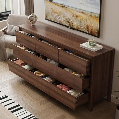 MAISONARIA Walnut 3-Piece Dresser Bedroom Set, 9 Drawers Dresser & 2 Drawer Nightstands with Hidden Handles, Wood Chest of Drawers for Bedroom, Living Room, Entryway