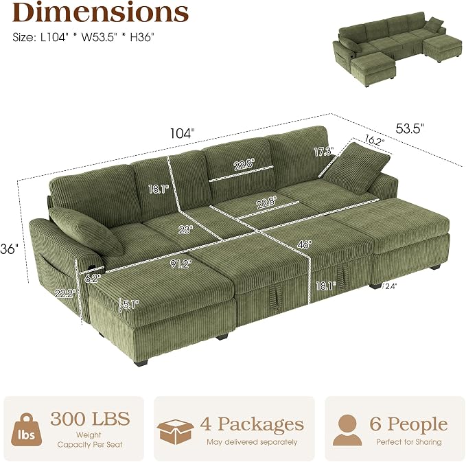 Ihanherry 6-Seater Large Sectional Sofa Bed with Storage Ottoman, Corduroy Reversible Modular Sleeper Sofa Couch with USB Port, 104" L-Shaped Convertible Couch for Living Room（Green）