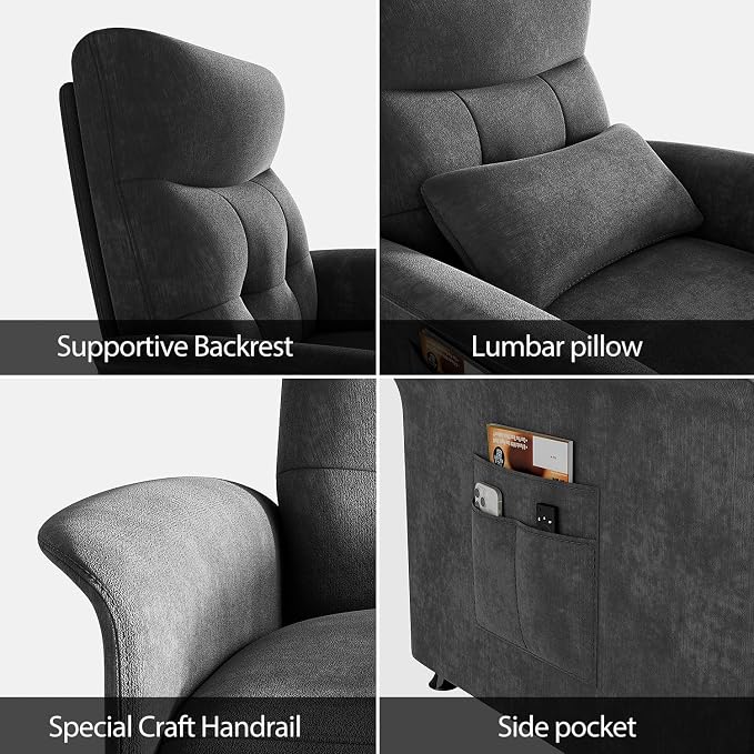 Power Recliner Chair for Adults with Heat & Massage - Soft Fabric Electric Reclining Sofa with Remote Control, 3 Side Pockets, 180° Lay Sleeper for Home Theater Living Room, Dark Grey