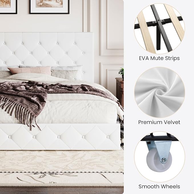SHA CERLIN King Size Platform Bed Frame with 4 Oversized Storage Drawers, Adjustable Headboard with Velvet Upholstery, Diamond Button Tufted Design, Wooden Slat Support, No Box Spring Needed, White