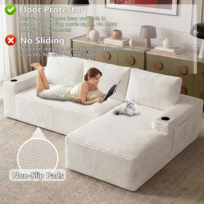 104.3" Modular Sectional Sofa,Modern Corduroy Cloud Couch with Cup Holder & Side Pockets,Boneless Couch Upholstered 4-Seater L-Shaped Sofa for Living Room,No Assembly (White, Right-Facing Chaise) | with Cup Holder