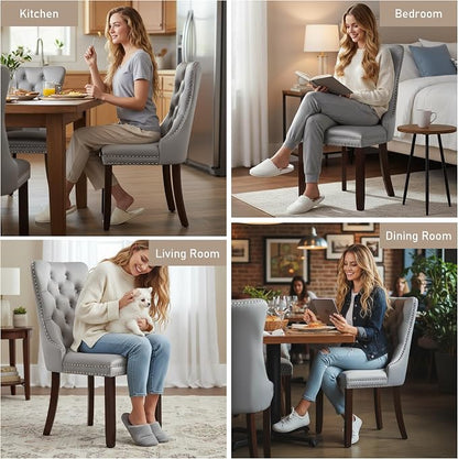 Mid Century Modern Dining Chair Set of 2 Velvet Upholstered Dining Accent Chair Farmhouse Dining Chairs with High Back and Nailhead Trim for Kitchen, Living Room, Bedroom (Light Gray)