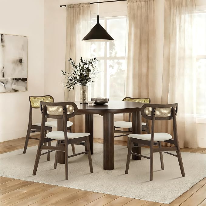 KISLOT Rattan Dining Chairs Set of 6, Upholstered Modern Dining Room Chairs, Mid Century Oak Wood Kitchen Chairs with Rattan Backrest for Farmhouse, Restaurant, Café (Cream Fabric & Walnut Color)