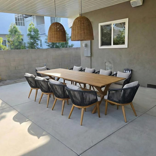 PURPLE LEAF 11 Pieces Patio Dining Set Wicker Outdoor Furniture Rectangular Table and Chairs Set for Garden Deck Teak-Finish Aluminum Frame Backyard Kitchen Set, Cushions and Pillows Included