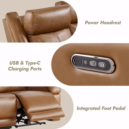 Watson & Whitely Genuine Leather Power Recliner Sofa, 3 Seater Wall Hugger Reclining Sofas with Storage Console, Power Headrest, USB, Electric Recliner Couch Set for Living Room, Saddle Brown