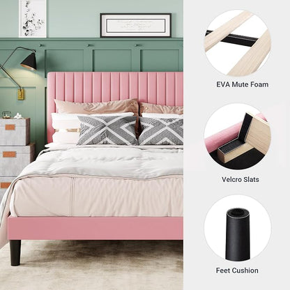Allewie King Bed Frame, Velvet Upholstered Platform Bed with Adjustable Vertical Channel Tufted Headboard, Mattress Foundation with Strong Wooden Slats, Box Spring Optional, Easy Assembly, Pink